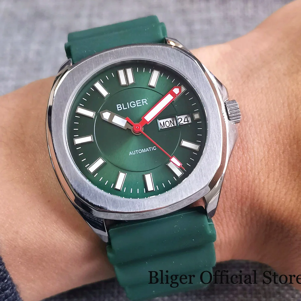 BLIGER 24 Jewels NH36A Movement Square Men Watch Blue Silver Grey Green Dial Flat Sapphire Crystal Weekday Date Green lume Hand