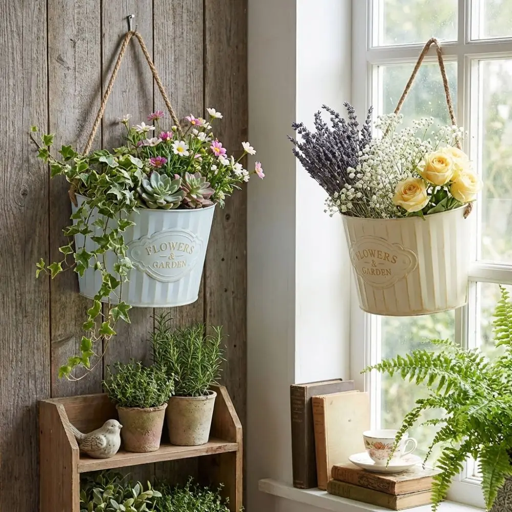 

Semi Round Hanging Flower Pot Retro Iron Art Wall Mounted Wall Mounted Planter Handmade Plant Bucket Flower Container