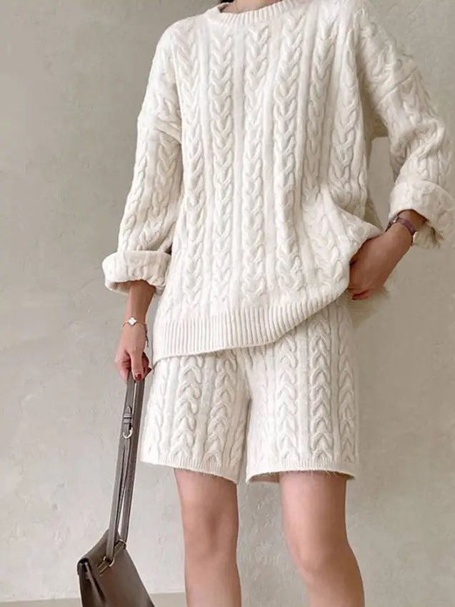 Koreaanse Sle Thiened gebreide trui en orts Set Dames Vintage Twist Loose Lazy Sle Winter Faion Damesoutfits