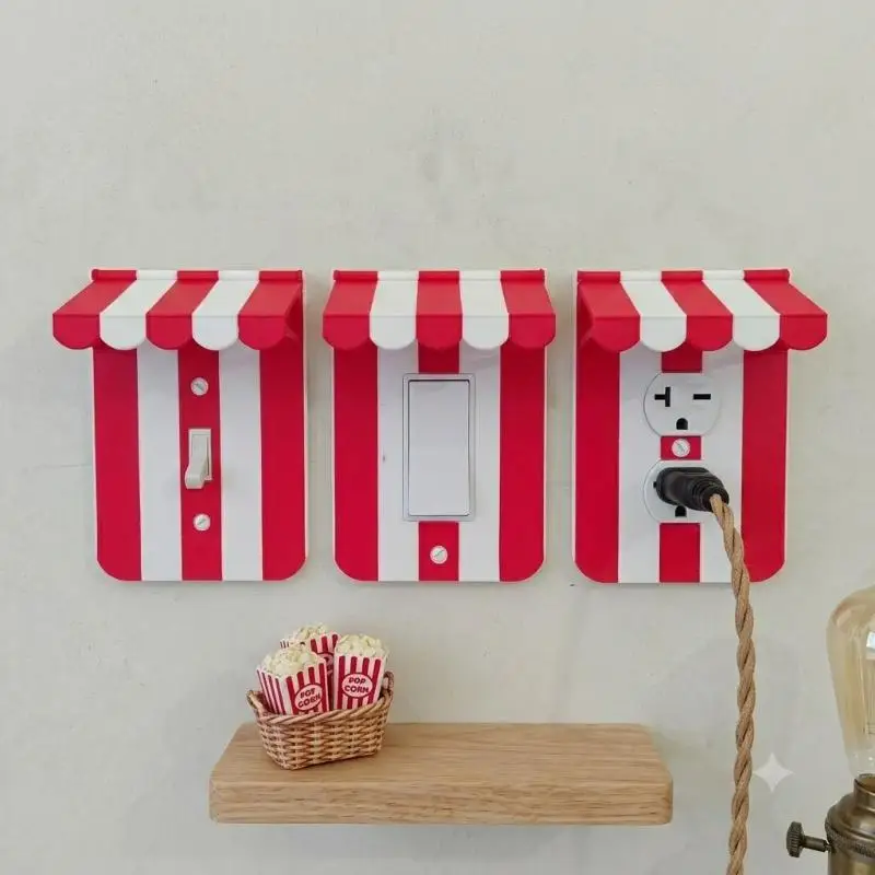 Red White Carnival Awning Switch Plate Cover 3D Printed Decor Socket Frame Vintage Wall Decor For Home Bedroom Living Room Deco