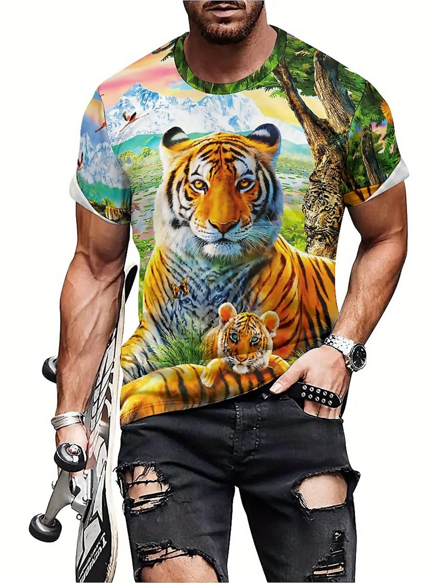 2025 الصيف أحدث الرجال النمر نمط ثلاثية الأبعاد طباعة تي شيرتات قصيرة الاكمام ألياف البوليستر لينة ومريحة النسيج الرجال والنساء