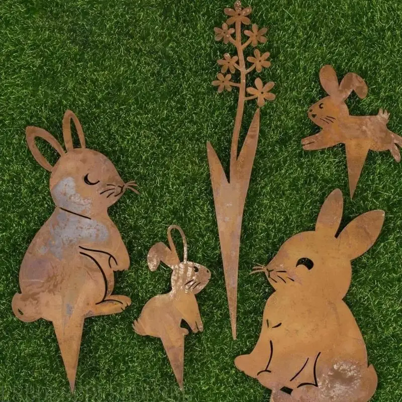 

E8BD Rusty Stake Rabbit Plant for Indoor and Outdoor Figurines Rabbit Sculpture