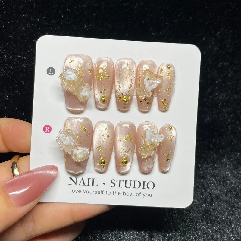 

10PCS Glitter Nude Cat Eye Fake Nails with Golden Foil Handmade 3D Flowers Press on Nails Medium Coffin False Nails Wearable Tip