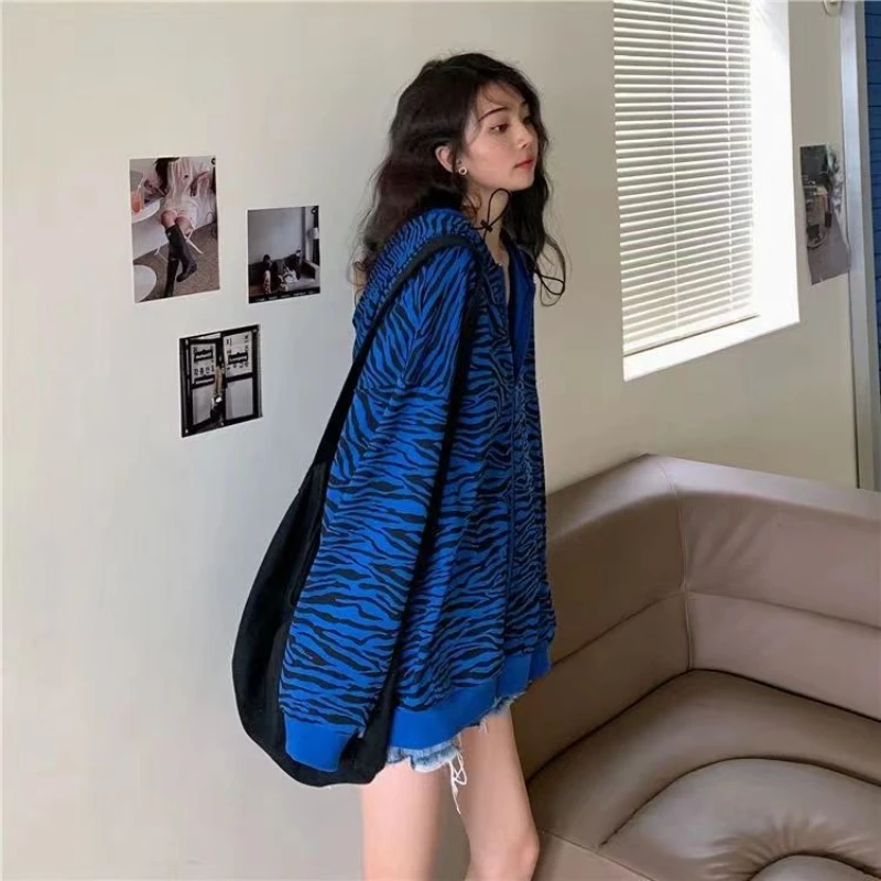 American Retro Design With Zebra Print Jacket Women's Spring And Autumn Thin Style Niche Blue Print Slimming Casual Hoodie Trend