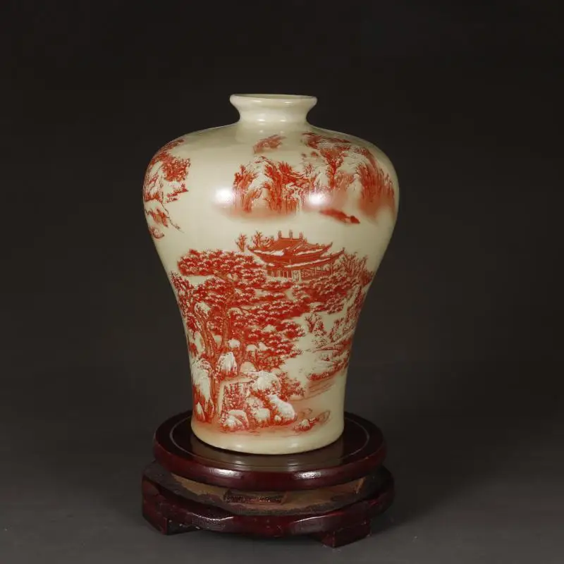 Chinese Collection Nice Art Work Porcelain Alum Red Landscape Pulm Vases 6.49