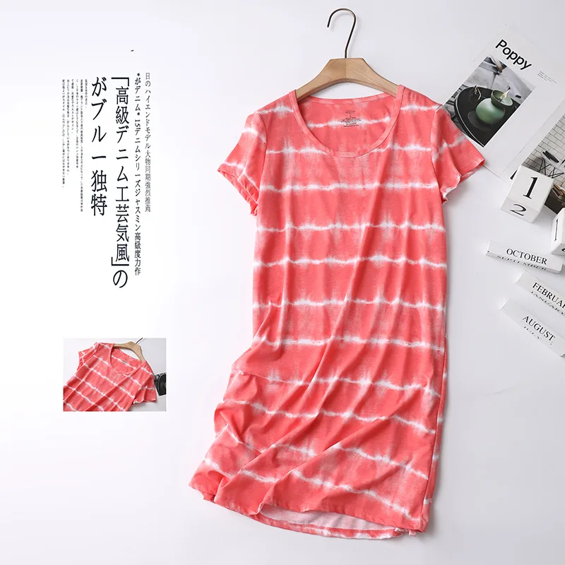 2024 Summer Women Casual Striped Night Dress Ladies soft Cotton Nightgown Women\'s Short Sleeve Round Collar Sleepshirt Plus Size