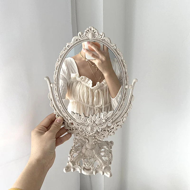 Korean INS European Style Palace Carving Vintage Retro Style Flip Mirror Home Stay Dormitory Decoration Desktop Makeup Mirror