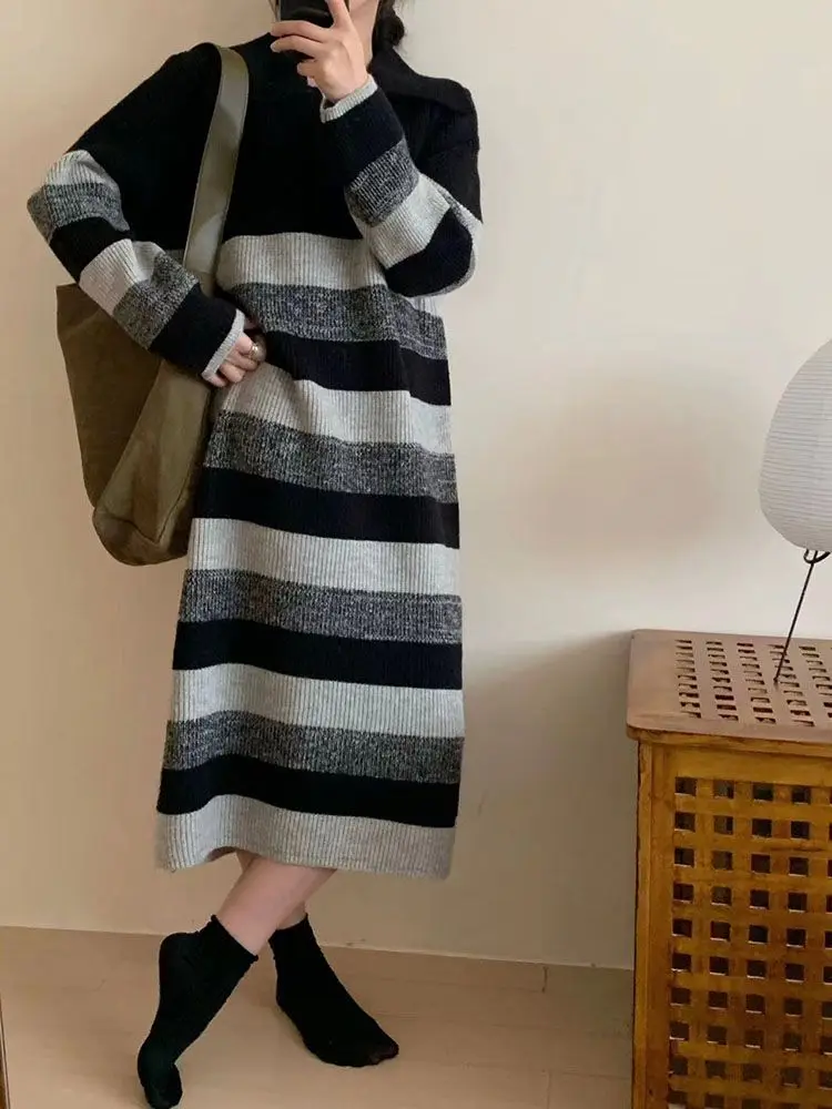 Korejpaa Elegant Retro Sweater Dress 2024 Autumn Winter Turn-down Collar Striped Knitted Dresses Women Gentle Warm Vestidos