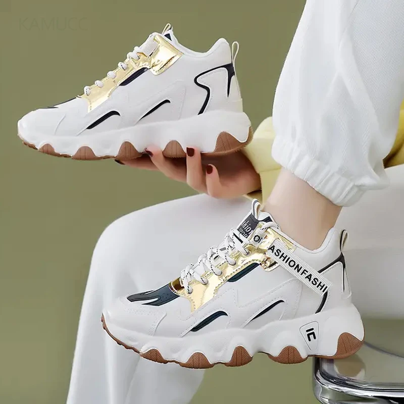 New Women Lace Up Sneakers Woman Thick Sole Non-slip Shoes Lady Waterproof Colorblock Chunky Sneakers Female Casual Shoes