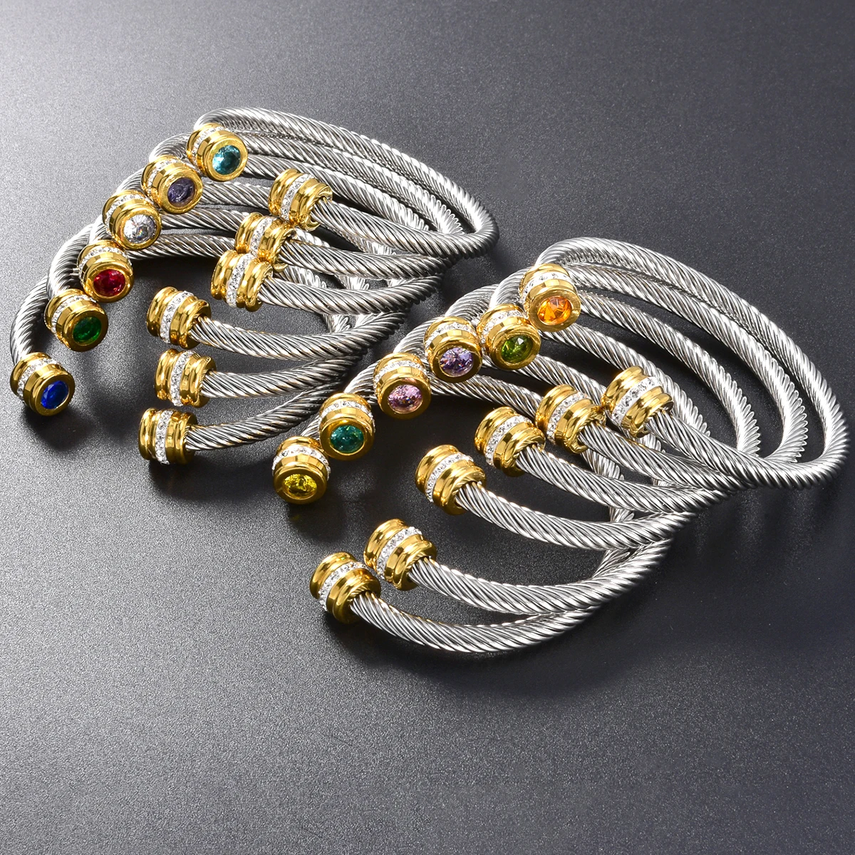 Two‑Tone Cable Wire Cuff Bangle Women Stainless Steel Multicolor Crystal Open Bangle Bracelet Fashion Party Daily Jewelry Gift