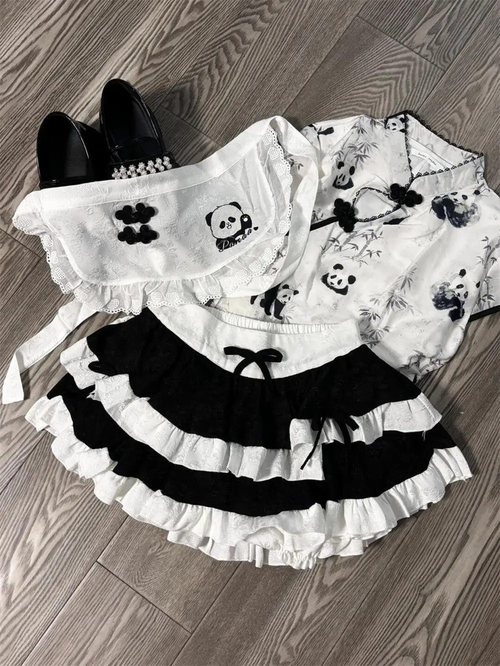 2025 Spring Cute Sweet Panda Print Design Tops + High Waist Slimming Fluffy Cake Skirt Maid Apron 3 Piece Set Women Chic Outfits