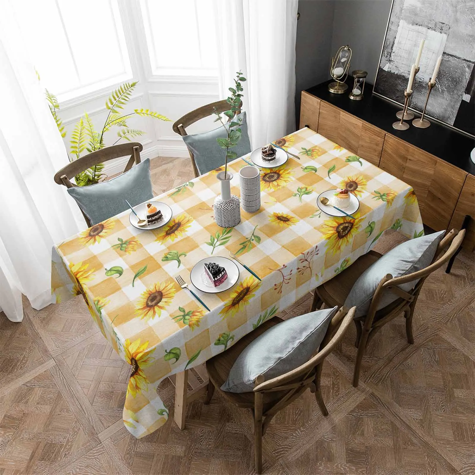 Summer Watercolor Sunflower Flower Pattern Anti-scalding Waterproof Tablecloth Rectangular Round Table Cover Kitchen Furnishings