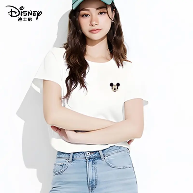 디즈니 미키 마우스 만화 프린트 코튼 티셔츠 2025 여름 신상 여성 스트리트웨어 반팔 캐주얼 탑