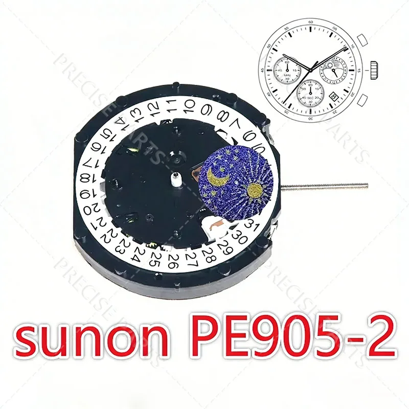 Sunon PE905-2 PE90 Quartz Movement 3 Hands Date 3-Eye Chronograph Sun&Moon 24-Hour