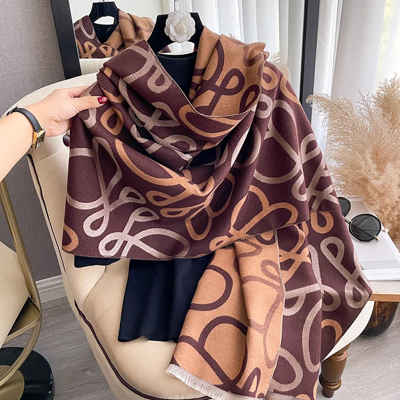 Luxury Brand Bow Print Designer Double-Sided Women\'s Winter Outdoor Imitation Cashmere Warm Scarf Shawl Pashmina Stole Wrap