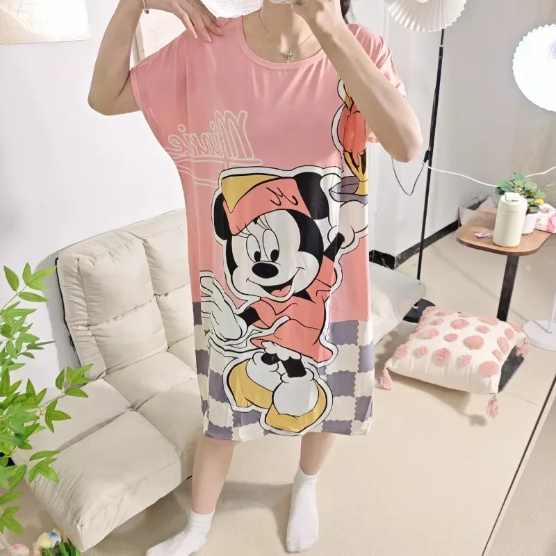 Mickey Mouse Pajamas Disney Summer New Pajamas Pink Checked Mickey Mouse Crew Neck Pajamas Cartoon Sweet Loungewear Student