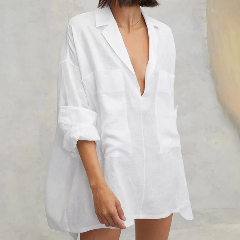 المرأة مثير كم طويل جيب قميص اللباس نمط جديد بدوره إلى أسفل طوق فتاة ساخنة فستان قصير