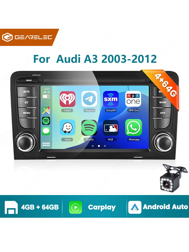 7-Zoll-Autoradio für Audi A3 2003–2012, S3 2006–2012, RS3 2011–2012; Kabelloses CarPlay, Android Auto, MirrorLink, Bluetooth, Wi-Fi, GPS; Android 14 Autoradio