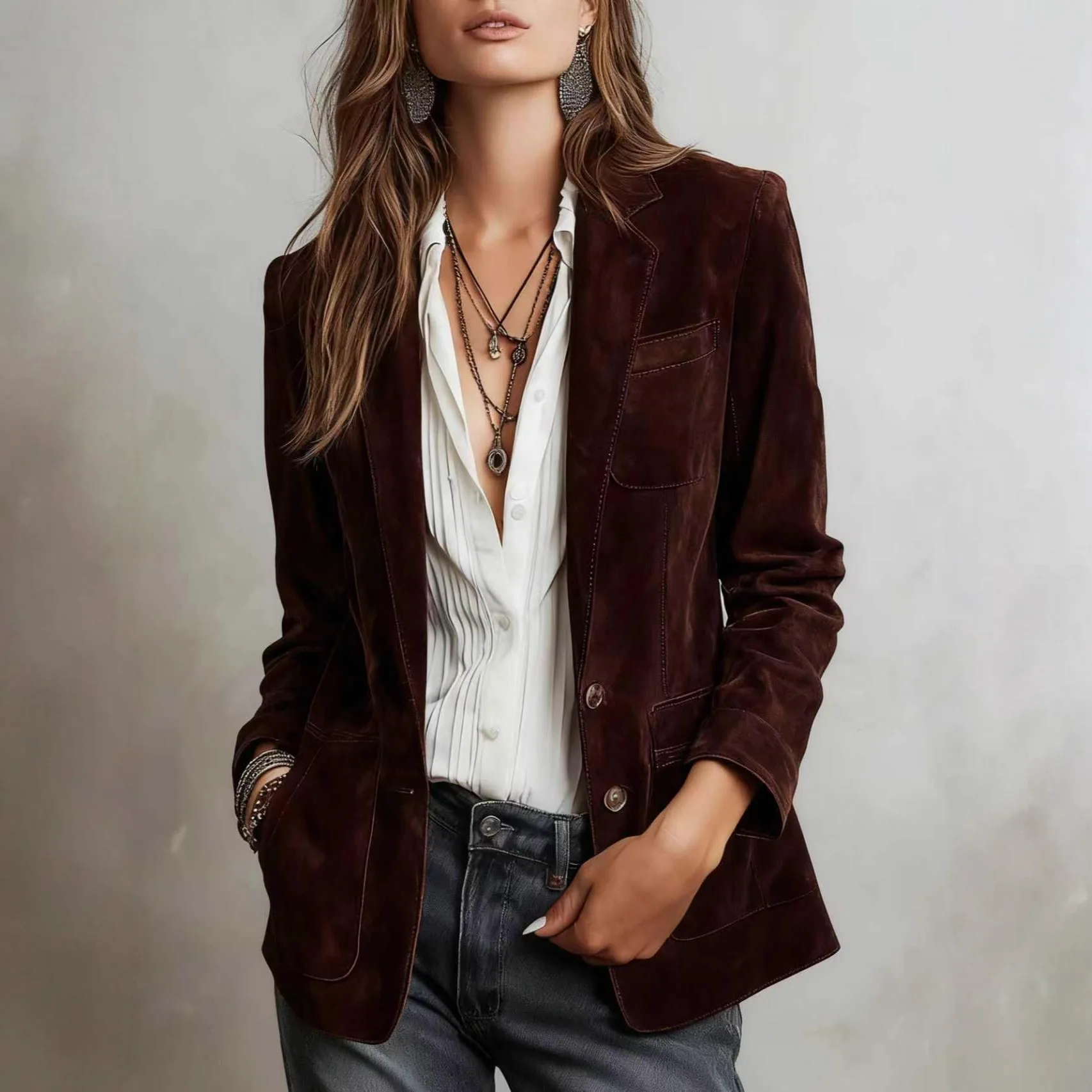 

Новая осенне-зимняя модная повседневная однобортная однобортная приталенная куртка с отложным воротником и карманами с длинными рукавами, 2 цвета