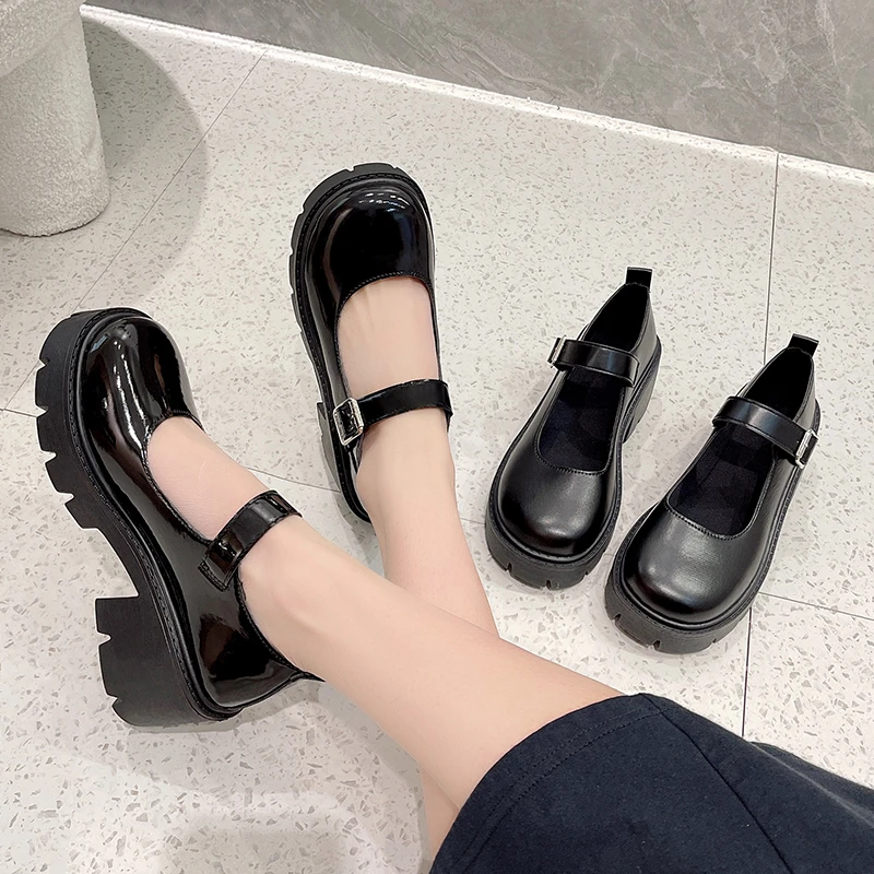 Women Pumps Fashion Round Head Thick Heel Mary Janes Shoes Women Comfortable Retro One-line Buckle Platform Lolita Shoes Women