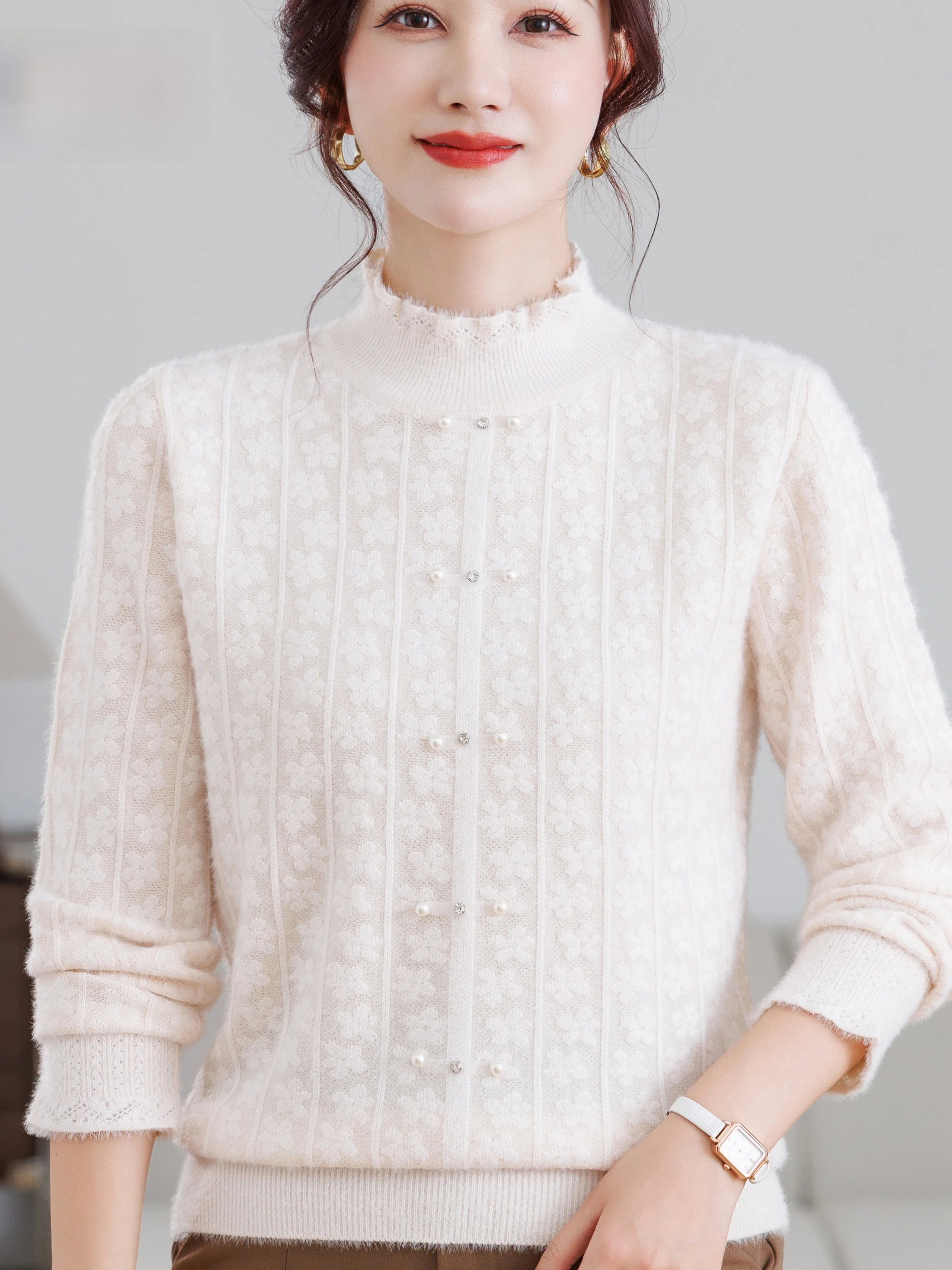 

New Chinese Sle Button-Up Stand Collar Sweater Women's Mid-Aged Mom's Faion Slimming Warm Knitted f High Collar Base S...