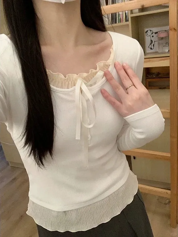 Slim Fit Long Sleeve Knitted T-Shirt Women's Base Layer  Knot Ruffle  Fake Two-Piece Style Autumn Winter Top
