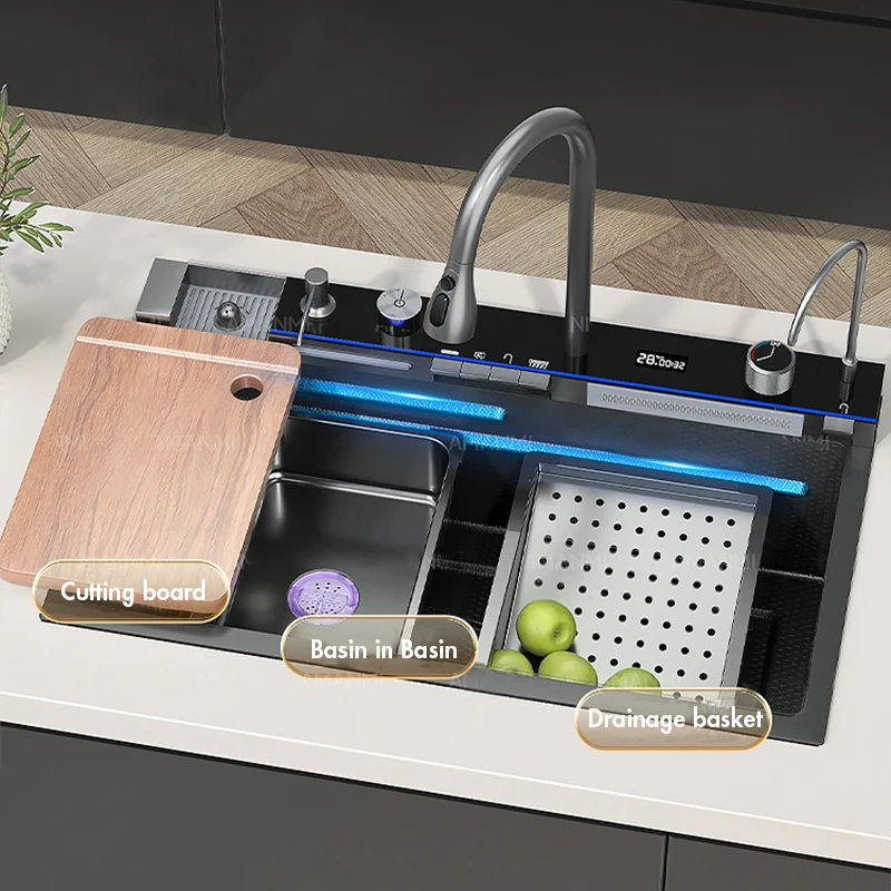 304 Stainless Steel Waterfall Large Single Slot Kitchen Sink Digital Display Faucet Set w/ Soap Dispenser & Cup Washer