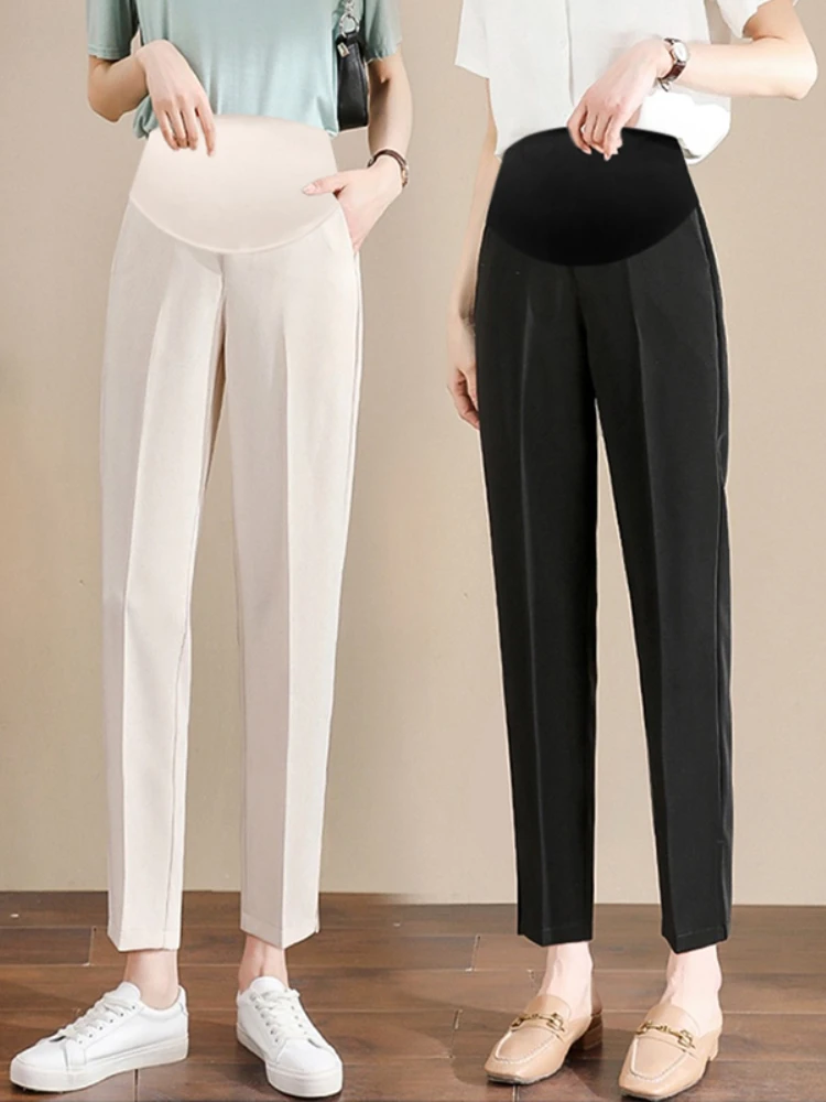 Pantalon formel de maternité pour femmes enceintes, pantalon de ventre noir, vêtements de travail de grossesse à la cheville, élégant et à la mode, été 2024