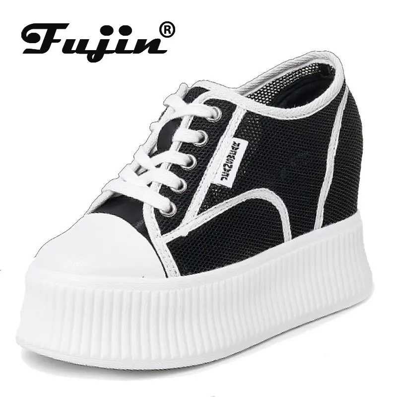 

Fujin 9cm New Air Mesh Women Platform Chunky Sneakers High Brand Shoes Genuine Leather Vulcanize Summer Hidden Heels Breathable