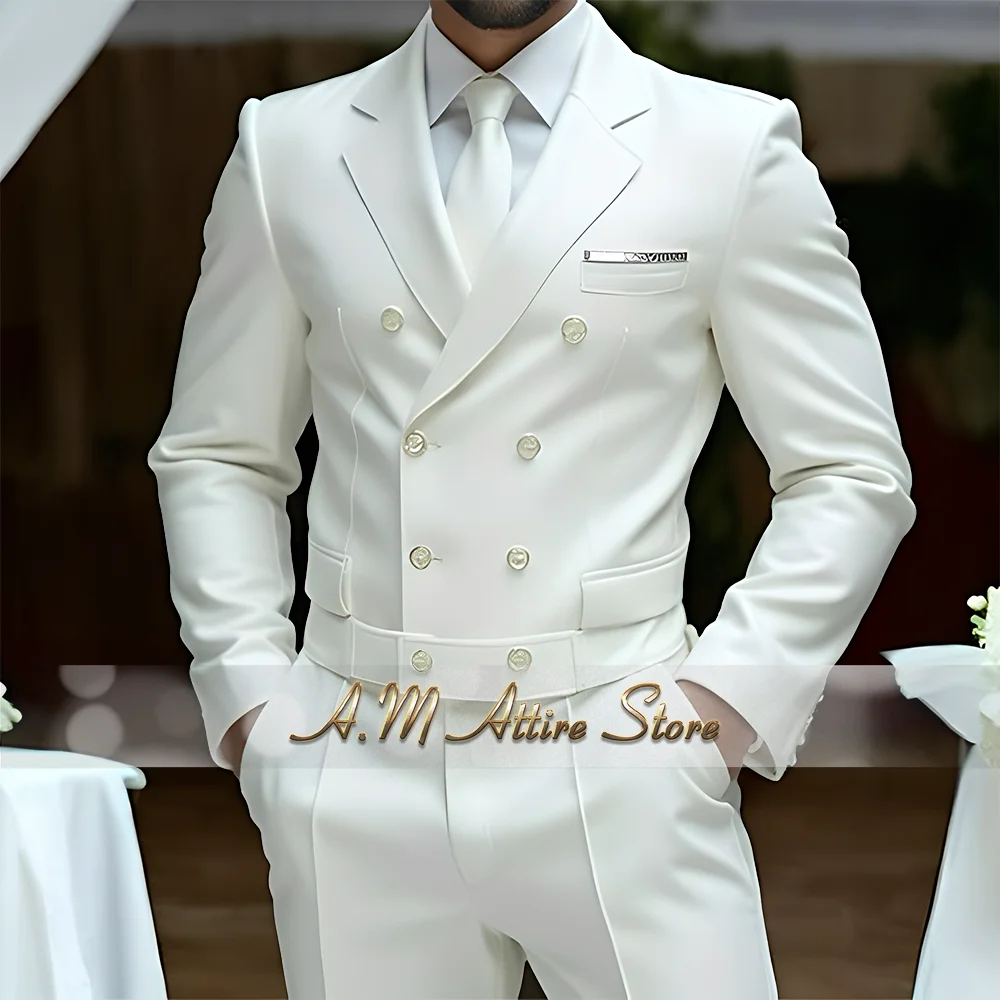 Matching Design Men's Clothing White Luxury Suit 2pcs Double-breasted Blazer Pants Elegance Wedding Evening Party Tuxedo Bespoke