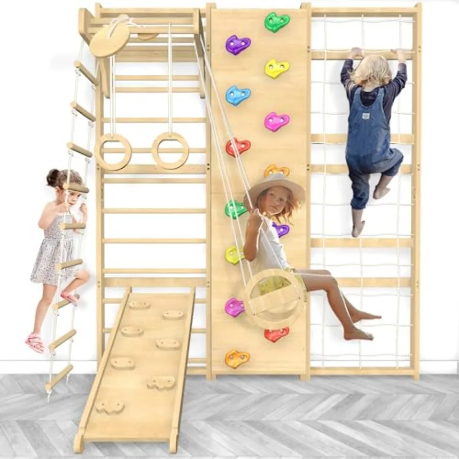 

Upgraded Extra-Large 94.5inch Height 10-in-1 Swedish Ladder Gym Set with Swing Rope Ladder Pull-Up Bar Slide Rock Climbing Wall