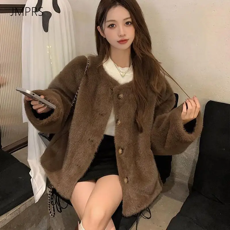 Fashion Faux Mink Cashmere Jacket Women Casual O Neck Fuzzy Single Breasted Jacket Fall Winter Office Lady Loose Outwear New