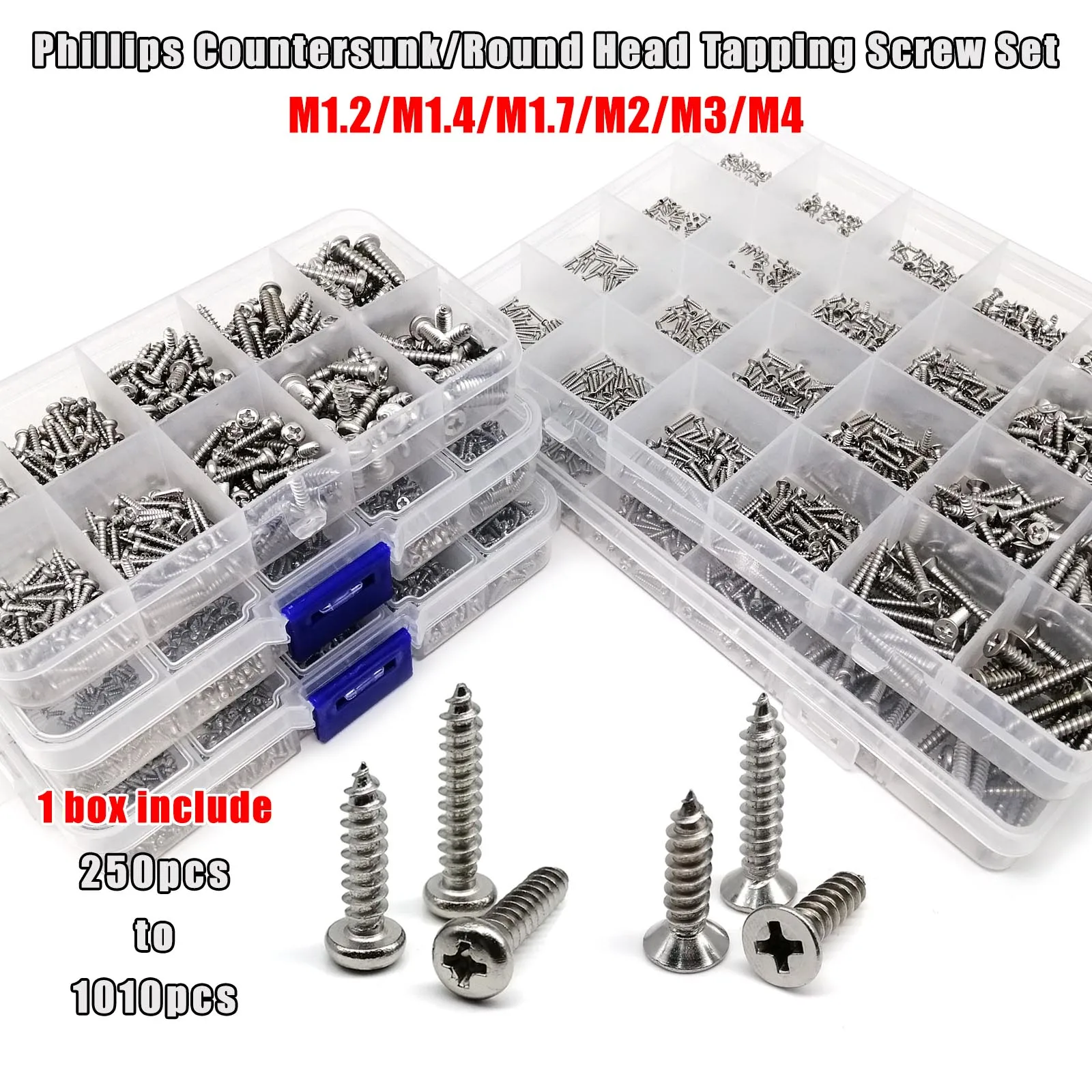 1 Kit Mix Sizes M1.2 M1.4 M1.7 M2 M3 M4 Phillips Flat Countersunk Round Pan Head Wood Self Tapping Screw Set 304 Stainless Steel