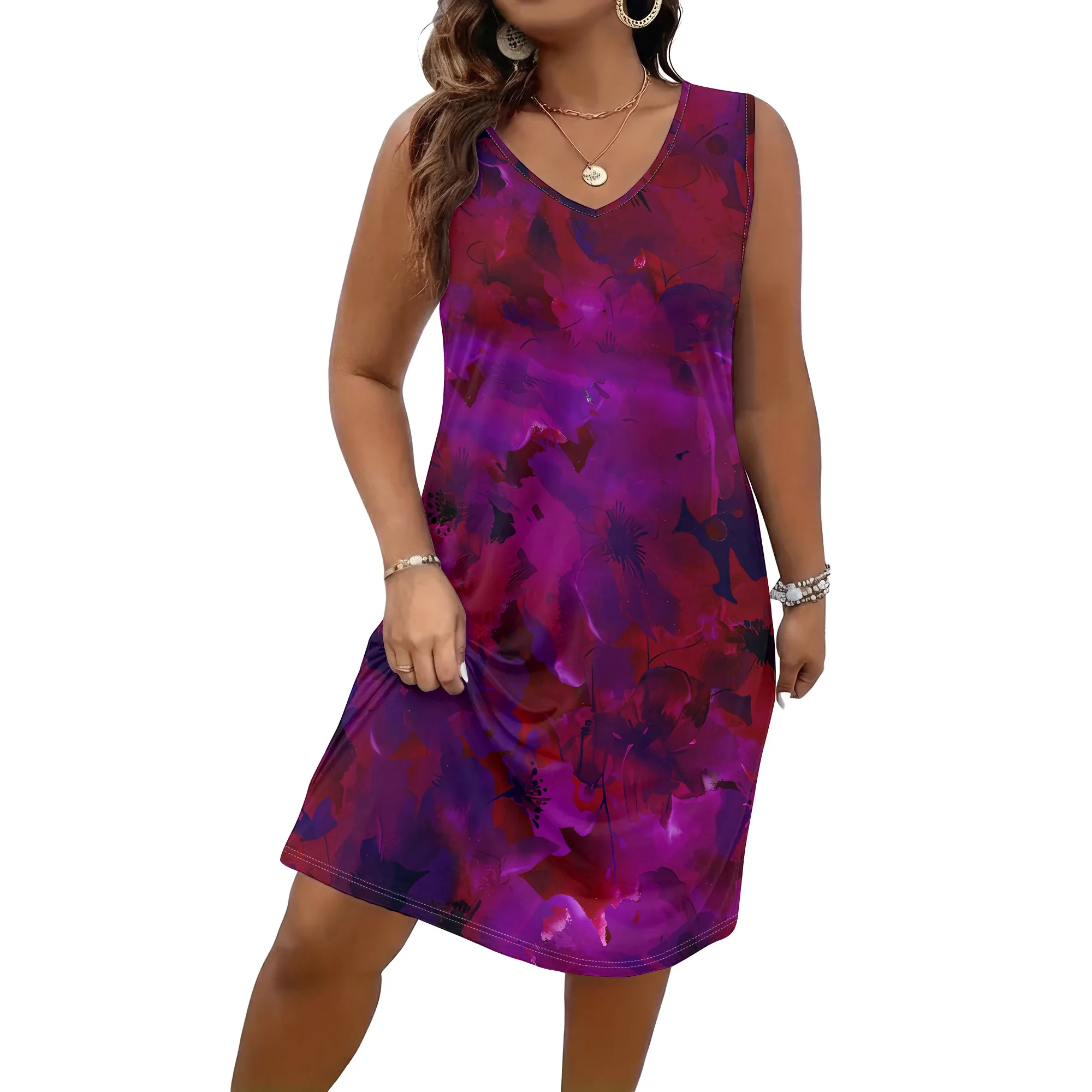 Lebhaftes Lila, Ärmelloses Kleid, Blumenmuster, V-Ausschnitt-Design, A-Linien-Schnitt, Sommerliche Freizeitkleidung, XL-5XL – Detail 1