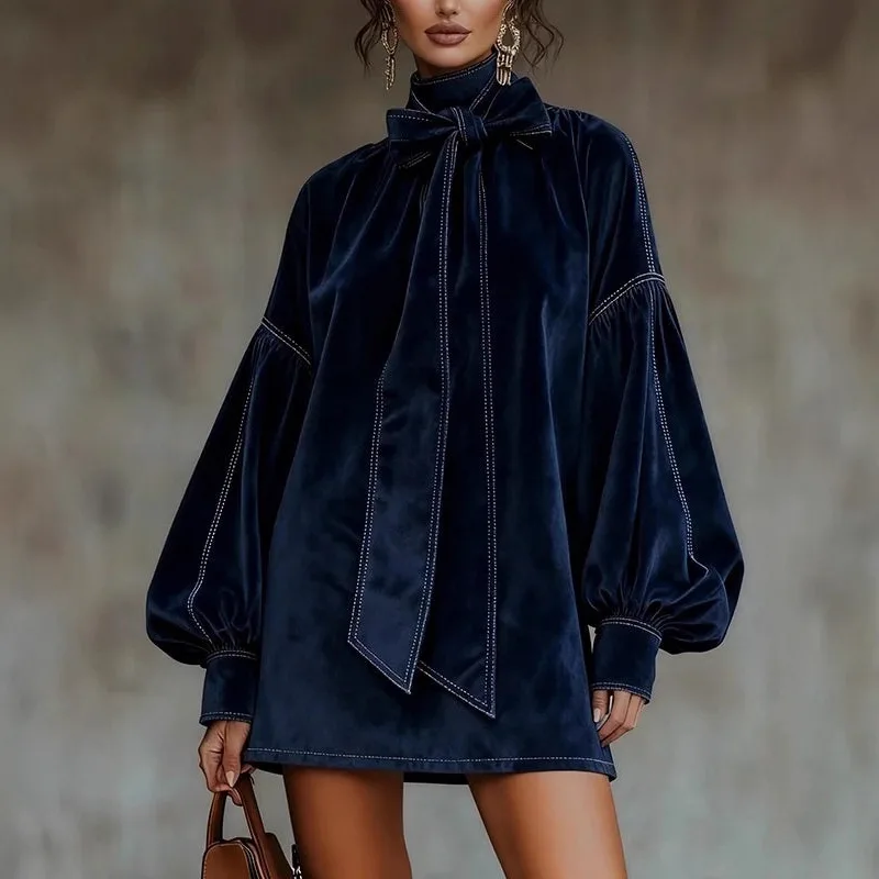 

Retro Elegant Velvet Mini Dress High Collar Lantern Sleeve Bow Tie Long Sleeve Women Dresses Casual High Street Party Dress