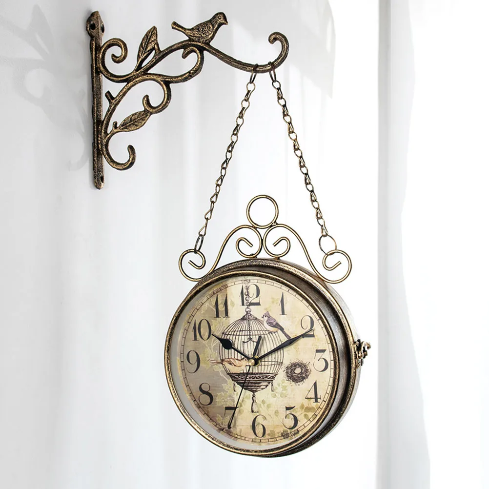 

Hanging Clock Vintage Wall Decorative Iron Double-Side Clock for Living Room Bedroom Cafe Bar Hotel Silent Movement