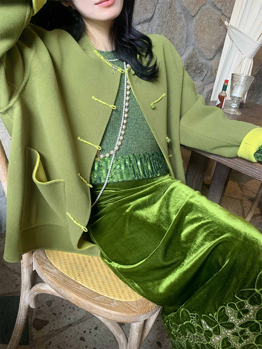 

Женское двустороннее шерстяное пальто Dangdang 'Yan Ye Zhi Ting' в новом китайском стиле, с длинными рукавами, круглым вырезом, на пуговицах, короткая верхняя одежда