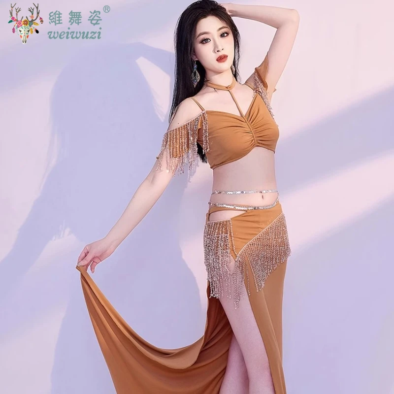 Conjunto de dança do ventre com borla, saia longa cravejada de diamantes, roupa de performance de dança oriental, roupa de competição feminina