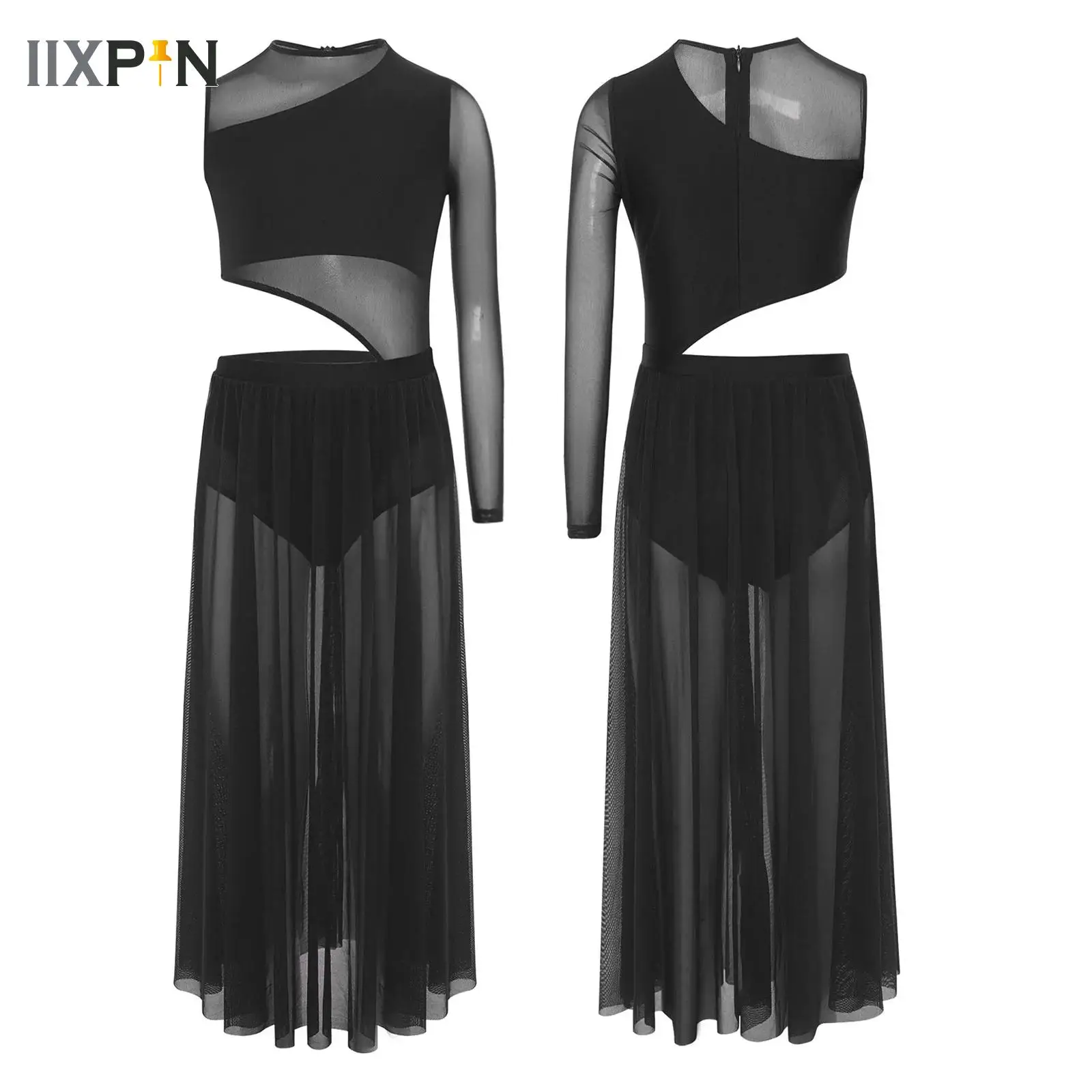 Modern Dance Maxi Skirted Leotard Dress Kids Girls Asymmetrical Ballet Lyrical Dance Performance Competition Costume Dancewear