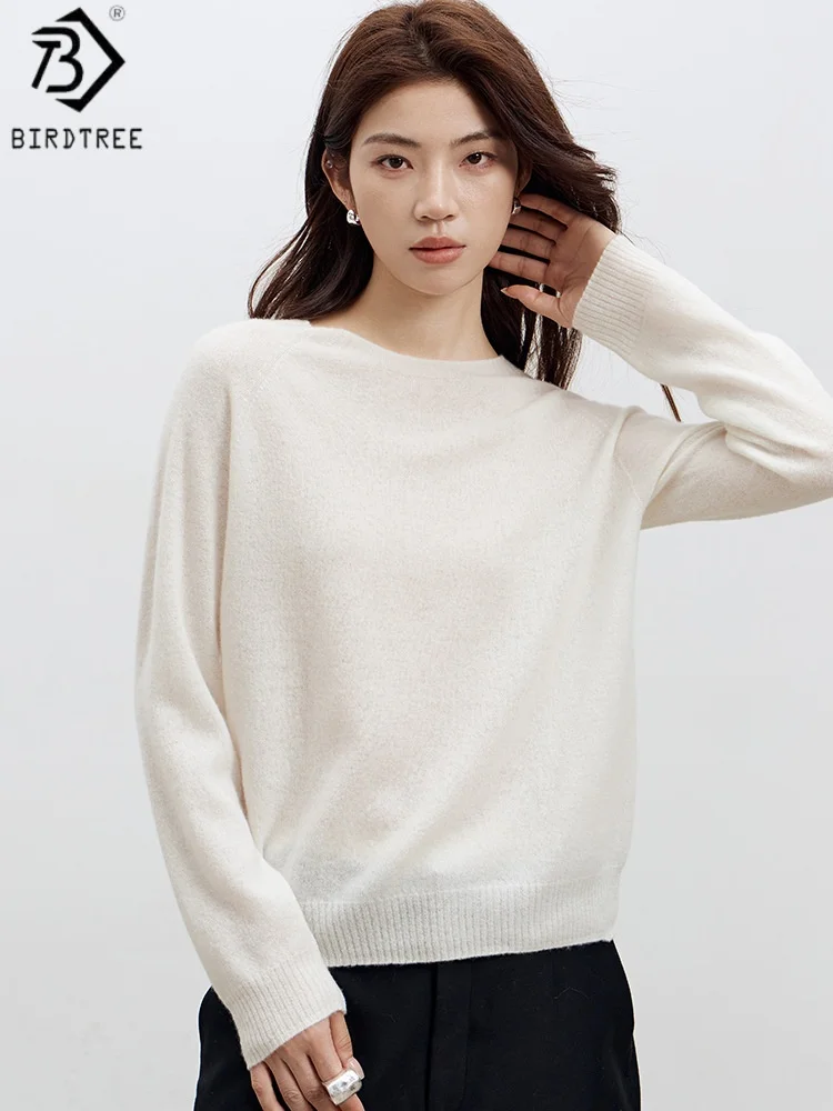

Birdtree 92% кашемир, 8% шелковый свитер, женский шерстяной шелковый свитер с круглым вырезом и длинными рукавами, базовый трикотаж, осень 2022 года T58901JF
