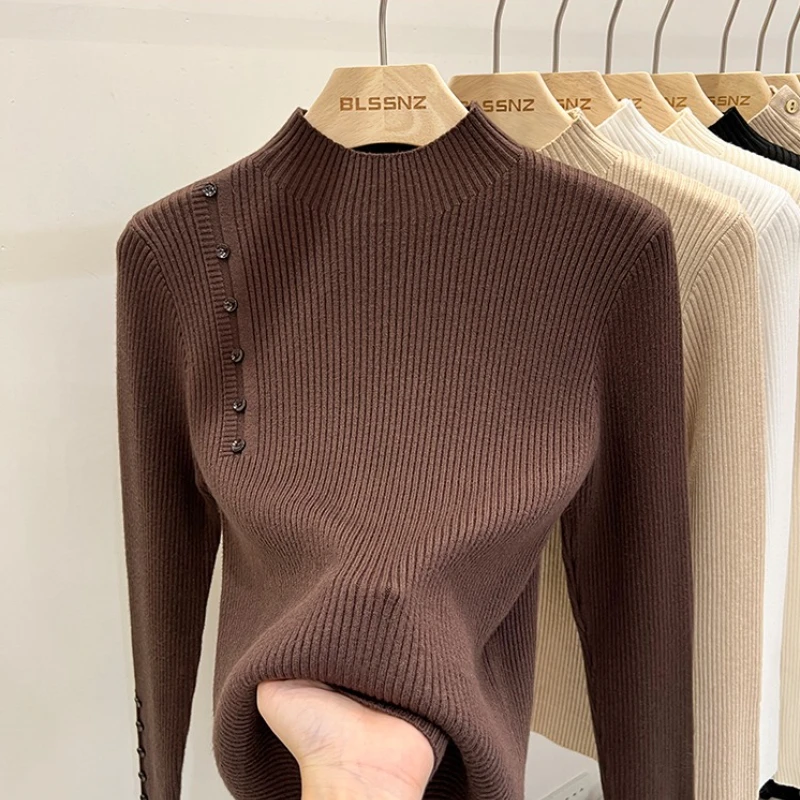 AOSSVIAO 2026 Autumn Winter New Sweater Women's Turtleneck Solid Color Pullovers Korean Long Sleeve Slim Button Femme Warm Tops