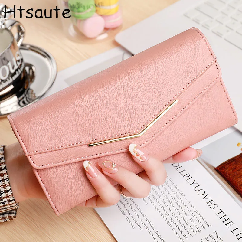 

Long wallet for women fold-over purse PU leather wallets buckle solid color zipper folding multi-card document bag long clips