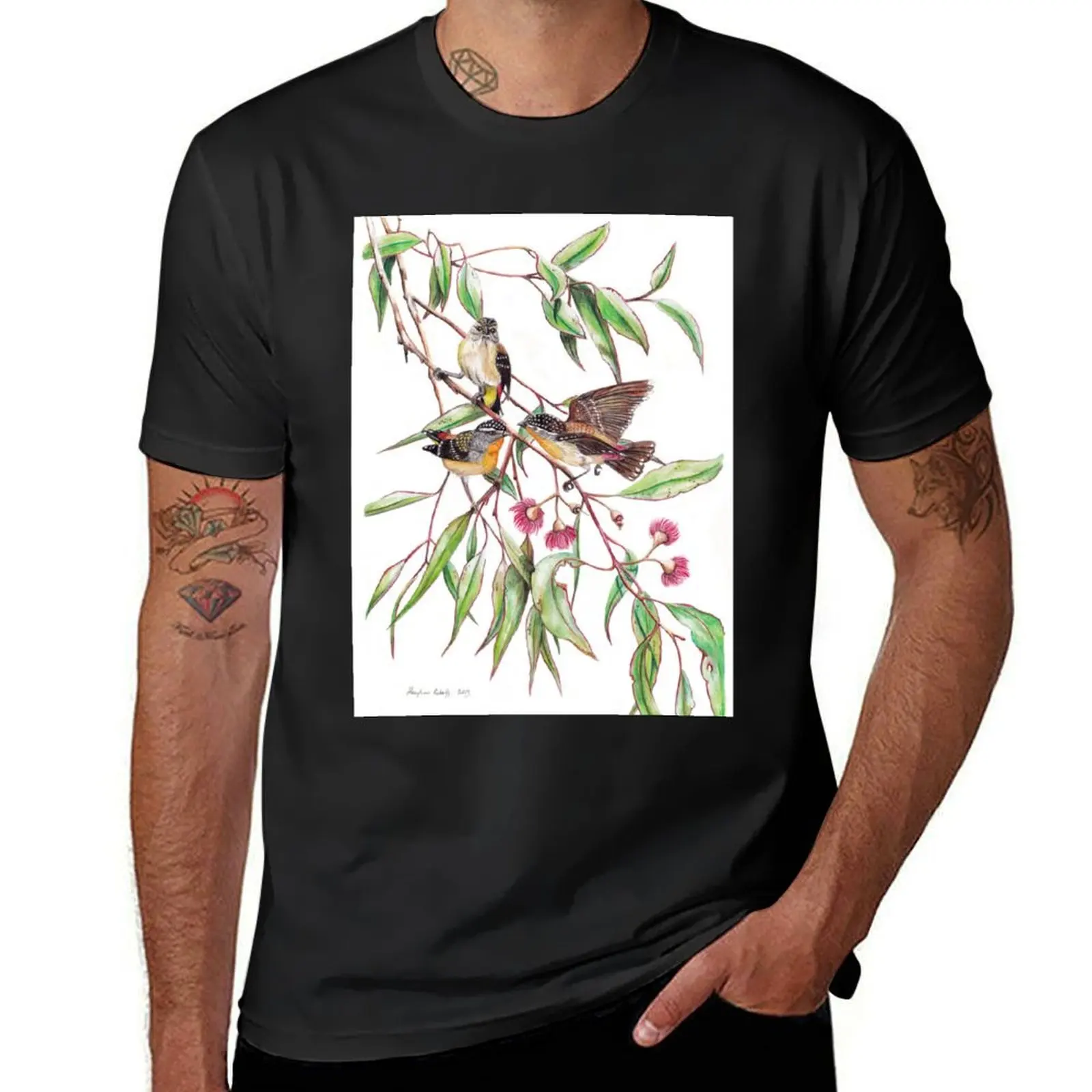 Spotted Pardalotes on Pink Flowering Gum T-Shirt sports fans Short sleeve tee mens graphic t-shirts hip hop