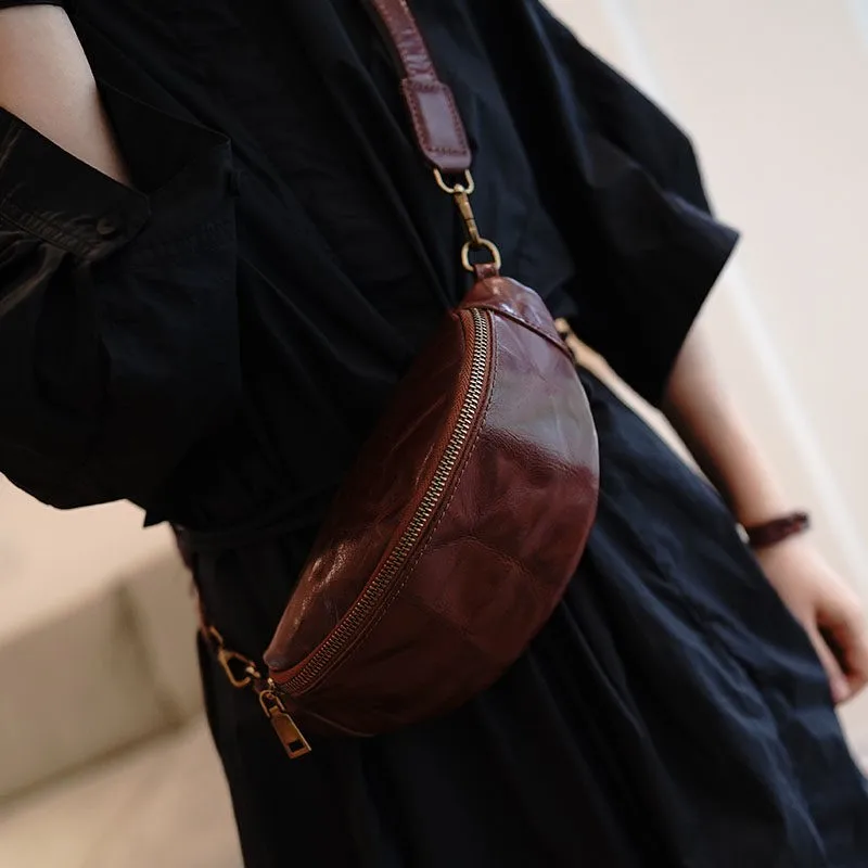 Vintage Vegetable Tanned Leather Chest Bag for Women Top Grain Genuine Leather Lightweight Crossbody Bag Adjustable Waist Pack