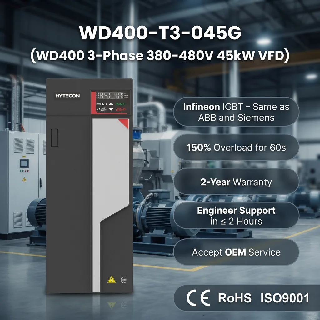 High Torque 45kW 3Phase VFD WD400-T3-045G 60 for Motor Speed Controller with Vector Control IP20 Protective Housing