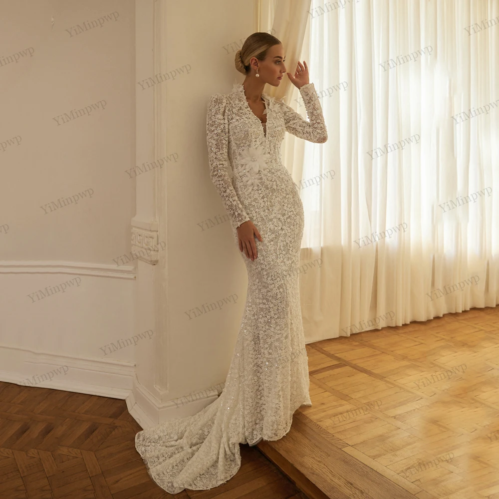 Sexy V-Neck Wedding Dress Full Sleeve Flowers Applique Mermaid Bride Gowns Sweep Train vestido de novia princesa Customized