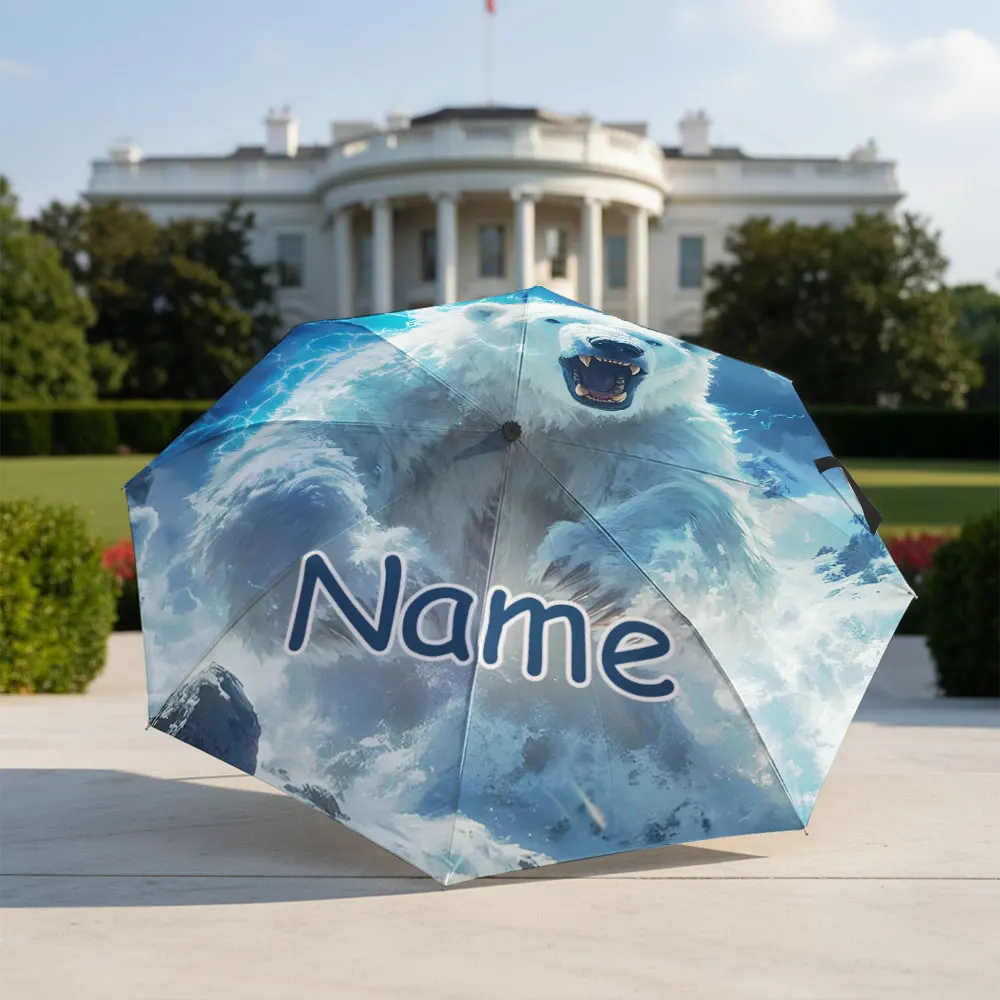 Custom Name umbrella,Fierce Polar Bear Charging in Stormy Snowy Landscape Fashion Folding Umbrella for Sunny and Rainy Days