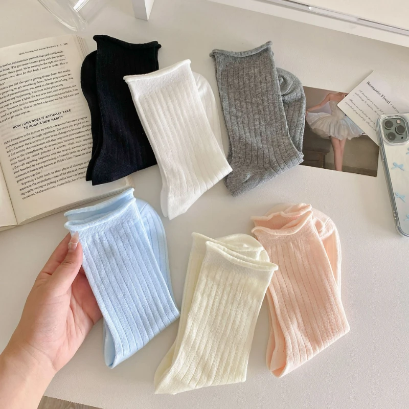 

White Vertical Strip Curled Socks Women's Stacking Socks Cotton Summer Thin Japanese Student Medium Tube Socks Summer Stockings