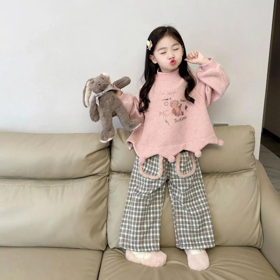 Winter Elegance Fashion Girls Sweet Casual Kids Princess Cute Cartoon Sweater+Loose Plaid Pants Children Casual 2Pcs Suits