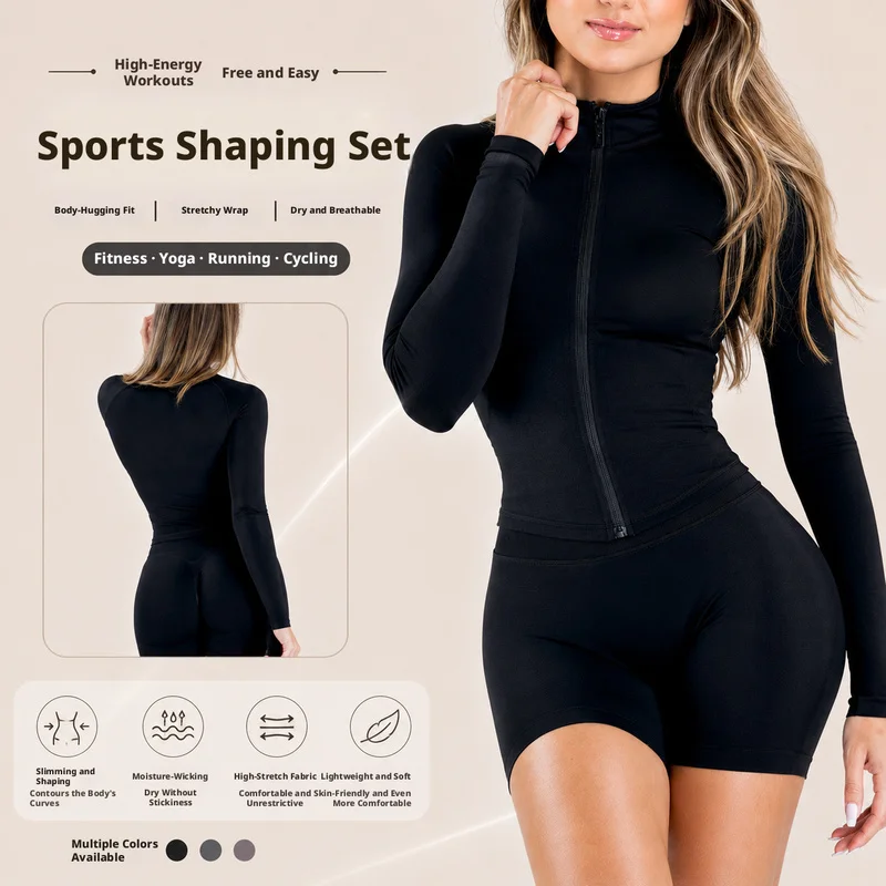 Denyf Seamless Knit Stand Collar Yoga Outfit Set High Elasticity Tummy Control Butt-Lifting Breathable Fitness Running Two-Piece